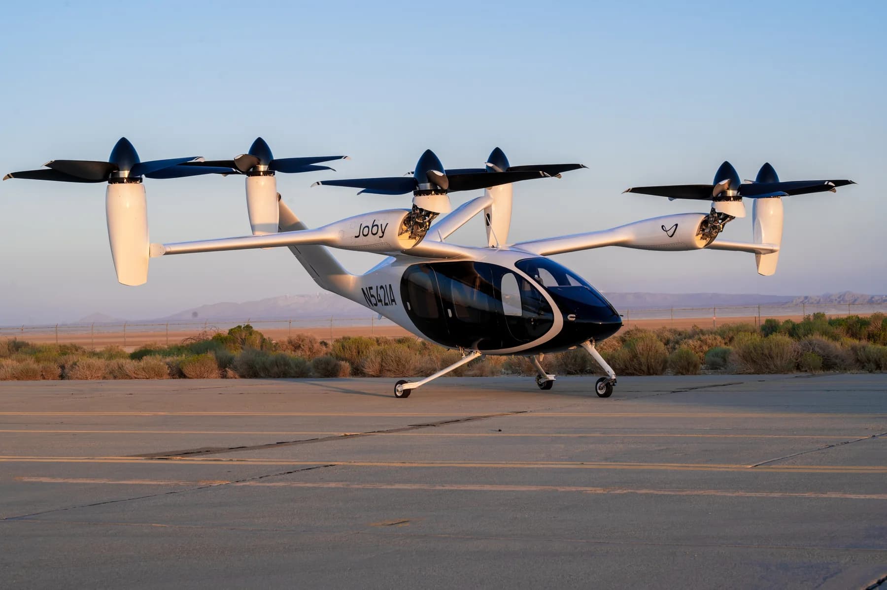 Joby S4 experimental aircraft on the Edwards Air Force Base apron, September 2023