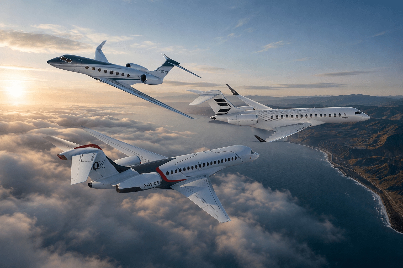 Three flagship business jets flying above clouds and a coastal landscape